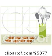 Poster, Art Print Of Tray Of Fresh Chocolate Chip Cookies By Utensils On A Kitchen Counter