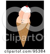 Poster, Art Print Of Smiling Triple Scoop Waffle Ice Cream Cone Character On Black