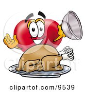 Poster, Art Print Of Love Heart Mascot Cartoon Character Serving A Thanksgiving Turkey On A Platter