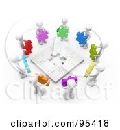 Circle Of 3d White People Holding Different Colored Puzzle Pieces Around A Nearly Complete Puzzle