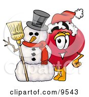 Clipart Picture Of A Love Heart Mascot Cartoon Character With A Snowman On Christmas