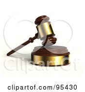 Royalty Free RF Clipart Illustration Of A 3d Wooden And Gold Gavel Resting On A Sound Block by stockillustrations