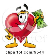 Love Heart Mascot Cartoon Character Holding A Dollar Bill