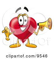 Love Heart Mascot Cartoon Character Holding A Megaphone