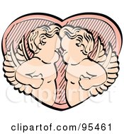 Royalty Free RF Clipart Illustration Of Two Victorian Cherubs Standing Face To Face Over A Peach Heart