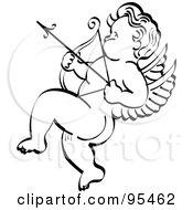Royalty Free RF Clipart Illustration Of A Nude Black And White Cupid Aiming An Arrow Up To The Left