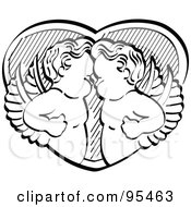 Royalty Free RF Clipart Illustration Of Two Black And White Victorian Cherubs Standing Face To Face Over A Heart
