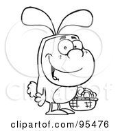 Royalty Free RF Clipart Illustration Of An Outlined Man In An Easter Bunny Costume Carrying A Basket
