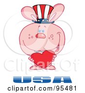 Royalty Free RF Clipart Illustration Of A Pink American Bunny Standing Over USA Holding A Red Heart And Wearing A Patriotic Hat