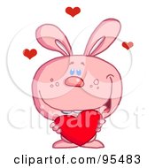 Poster, Art Print Of Loving Pink Bunny Holding A Red Heart