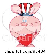 Royalty Free RF Clipart Illustration Of A Pink American Bunny Holding A Red Heart And Wearing A Patriotic Hat