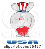 Royalty Free RF Clipart Illustration Of A Gray American Bunny Standing Over USA Holding A Red Heart And Wearing A Patriotic Hat