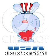 Royalty Free RF Clipart Illustration Of A Blue American Bunny Standing Over USA Holding A Red Heart And Wearing A Patriotic Hat