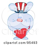 Royalty Free RF Clipart Illustration Of A Blue American Bunny Holding A Red Heart And Wearing A Patriotic Hat