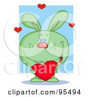 Poster, Art Print Of Sweet Green Bunny Holding A Red Heart