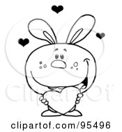Royalty Free RF Clipart Illustration Of A Loving Outlined Bunny Holding A Red Heart