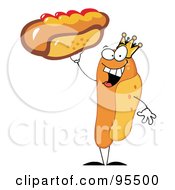 King Hot Dog Holding Up A Garnished Hot Dog