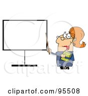 Poster, Art Print Of Happy Female Teacher Pointing To A Blank Board