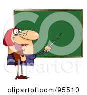 Welcoming Female Teacher Pointing To A Chalkboard
