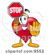 Love Heart Mascot Cartoon Character Holding A Stop Sign