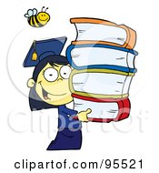 Royalty Free RF Clipart Illustration Of A Bee Over An Oriental Graduate School Girl Carrying A Stack Of Books