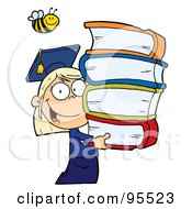 Royalty Free RF Clipart Illustration Of A Bee Over A Caucasian Graduate School Girl Carrying A Stack Of Books