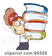 Poster, Art Print Of Smart Brunette Caucasian School Girl Carrying A Stack Of Books