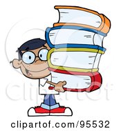 Smart African American School Boy Carrying A Stack Of Books