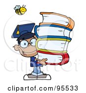 Royalty Free RF Clipart Illustration Of A Bee Over A Happy African American Graduate School Boy Carrying A Stack Of Books