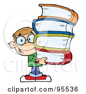 Poster, Art Print Of Smart Caucasian School Boy Carrying A Stack Of Books
