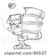 Royalty Free RF Clipart Illustration Of A Bee Over An Outlined Graduate School Boy Carrying A Stack Of Books