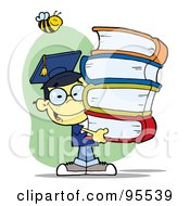 Poster, Art Print Of Bee Over A Happy Oriental Graduate School Boy Carrying A Stack Of Books
