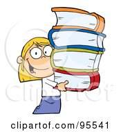 Poster, Art Print Of Smart Blond Caucasian School Girl Carrying A Stack Of Books