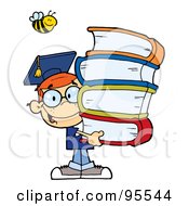 Royalty Free RF Clipart Illustration Of A Bee Over A Happy Red Haired Graduate School Boy Carrying A Stack Of Books