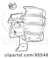 Royalty Free RF Clipart Illustration Of A Bee Over An Outlined Graduate School Girl Carrying A Stack Of Books