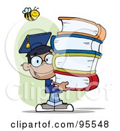 Royalty Free RF Clipart Illustration Of A Bee Over A Happy Black Graduate School Boy Carrying A Stack Of Books