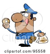 Hungry African American Cop Licking His Lips And Holding A Donut