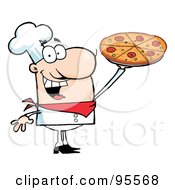 Royalty Free RF Clipart Illustration Of A Happy Caucasian Chef Presenting His Pizza Pie 1 by Hit Toon