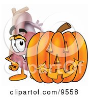 Heart Organ Mascot Cartoon Character With A Carved Halloween Pumpkin