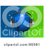 Blue Disco Globe Wearing Headphones Over A Green And Blue Equalizer Background