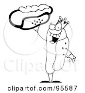 Royalty Free RF Clipart Illustration Of An Outlined King Hot Dog Holding Up A Garnished Hot Dog