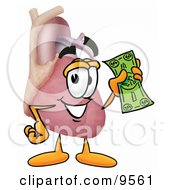 Heart Organ Mascot Cartoon Character Holding A Dollar Bill