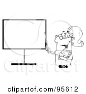 Royalty Free RF Clipart Illustration Of An Outlined Female Teacher Pointing To A Blank Board