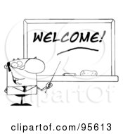 Royalty Free RF Clipart Illustration Of An Outlined Male School Teacher Pointing To A Welcome Chalkboard