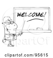 Poster, Art Print Of Outlined Senior Male School Teacher Pointing To A Welcome Chalk Board