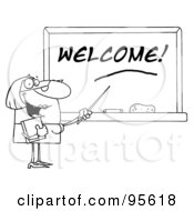 Royalty Free RF Clipart Illustration Of An Outlined Lady School Teacher Pointing To Welcome On A Chalkboard