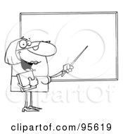 Royalty Free RF Clipart Illustration Of An Outlined Female Teacher Pointing To A Blank Chalkboard