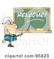 Royalty Free RF Clipart Illustration Of A Senior Male School Teacher Pointing To A Welcome Chalk Board
