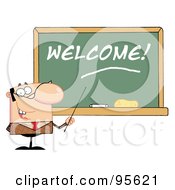 Royalty Free RF Clipart Illustration Of A Male School Teacher Pointing To A Welcome Chalkboard