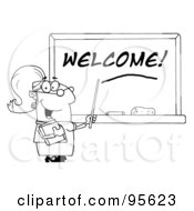 Poster, Art Print Of Outlined Female School Teacher Pointing To Welcome On A Chalkboard
